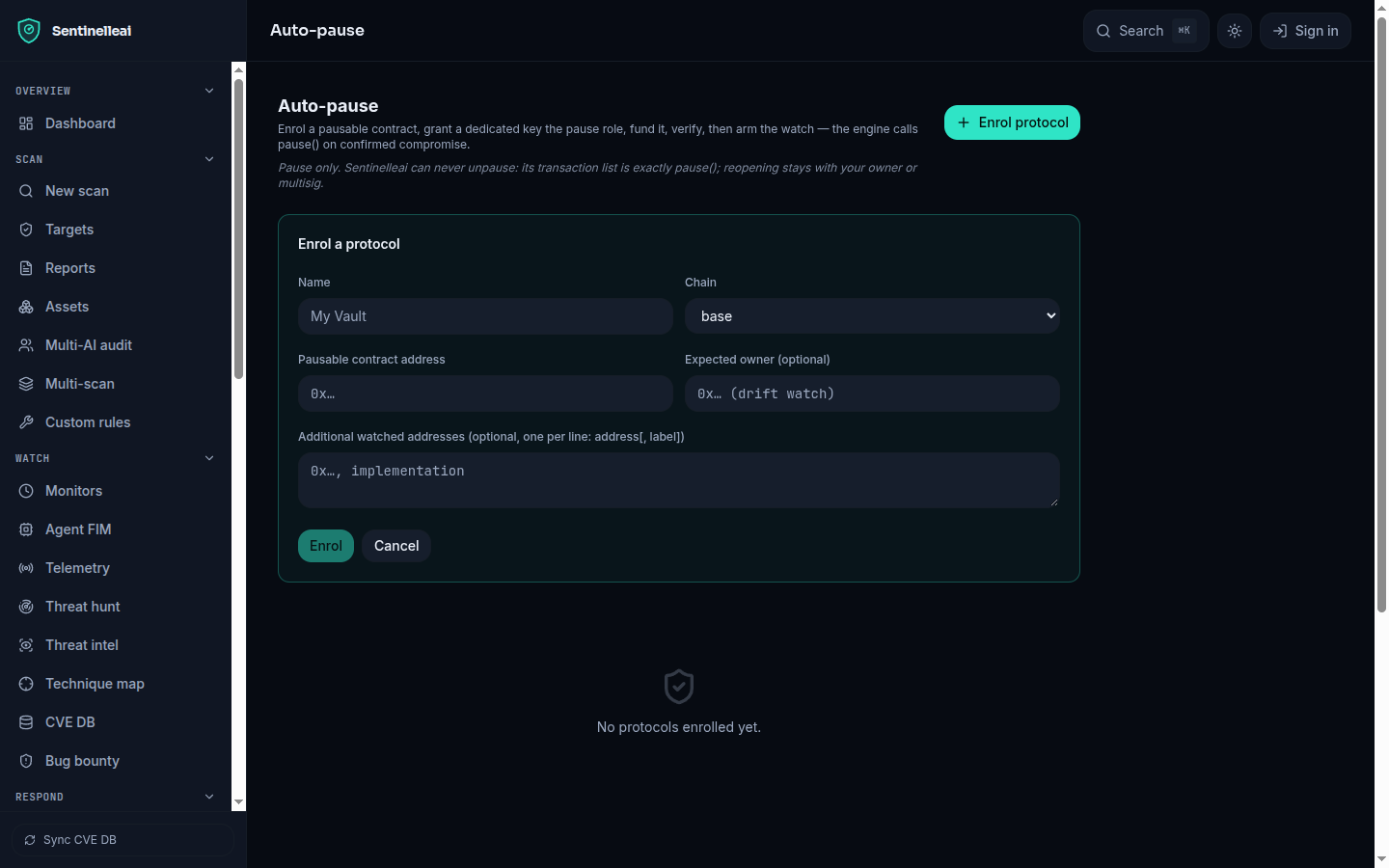 The Auto-pause page showing an enrolled protocol, its verification checks, and its event history