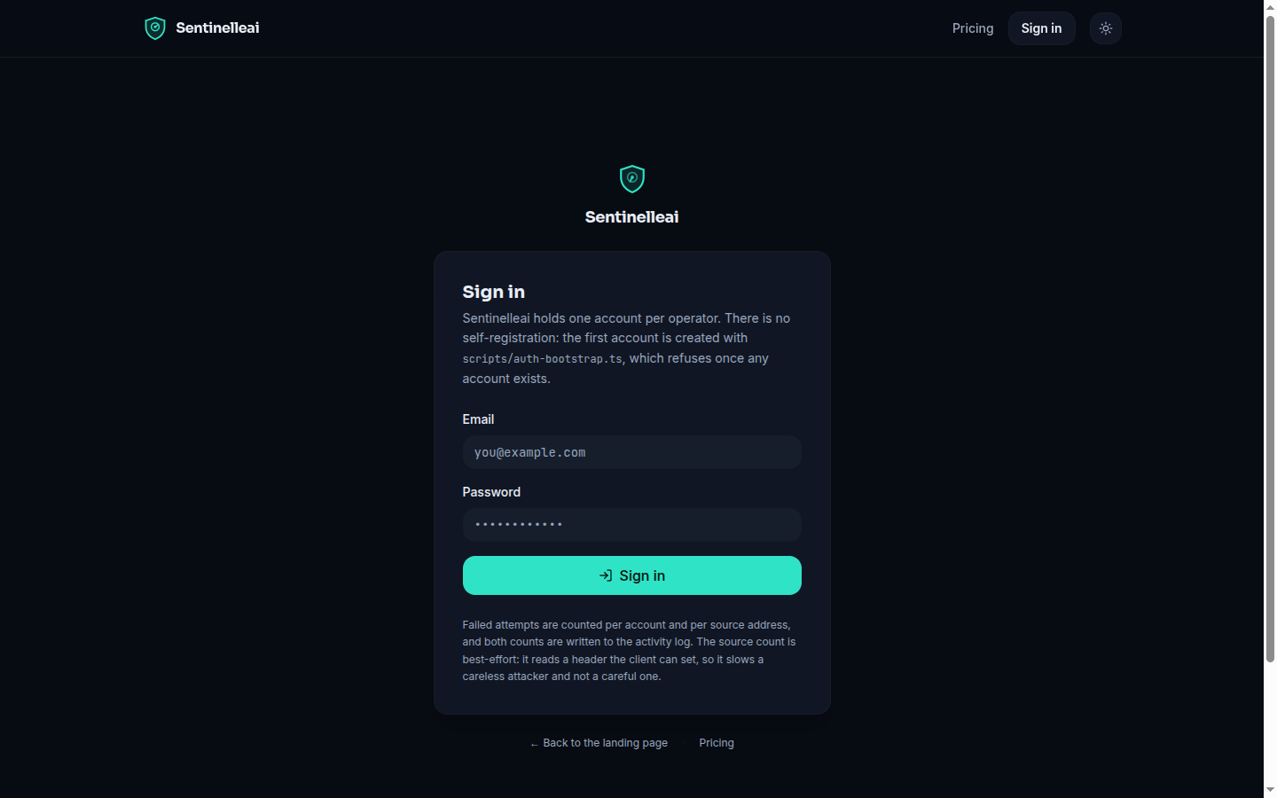 The Sentinelleai sign-in screen