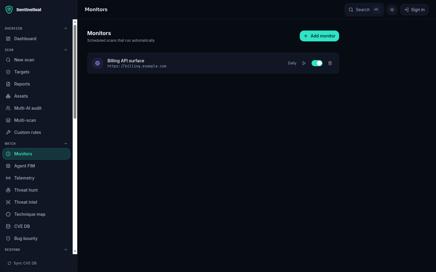 The monitors list, showing scheduled web, DNS, code and on-chain targets