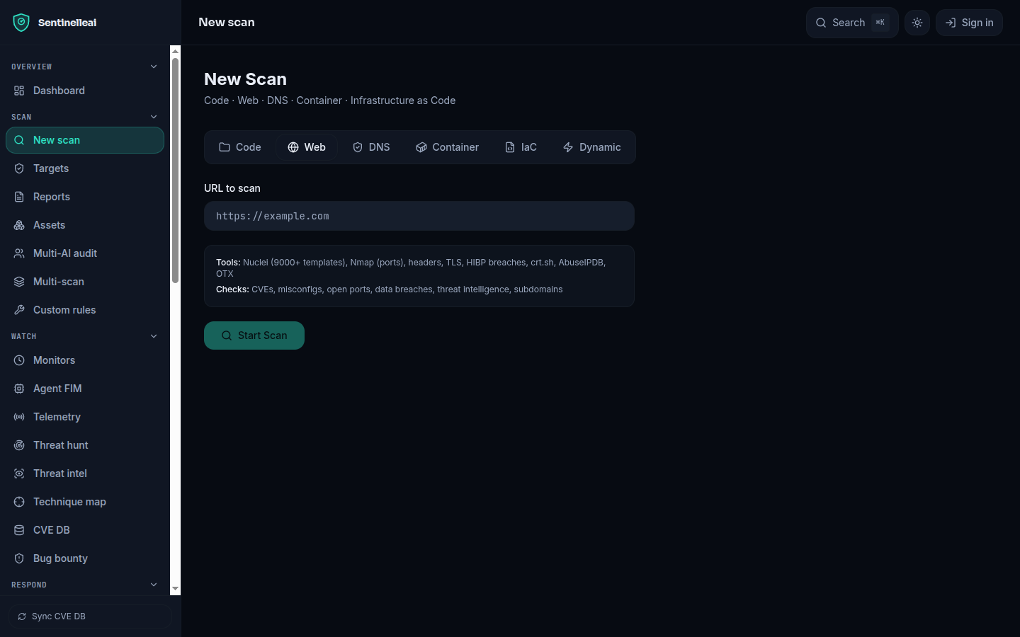 The New Scan form, Code tab