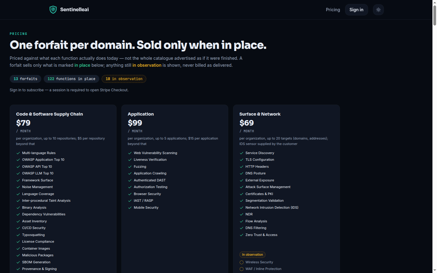 The pricing page showing per-surface plans and the bundle