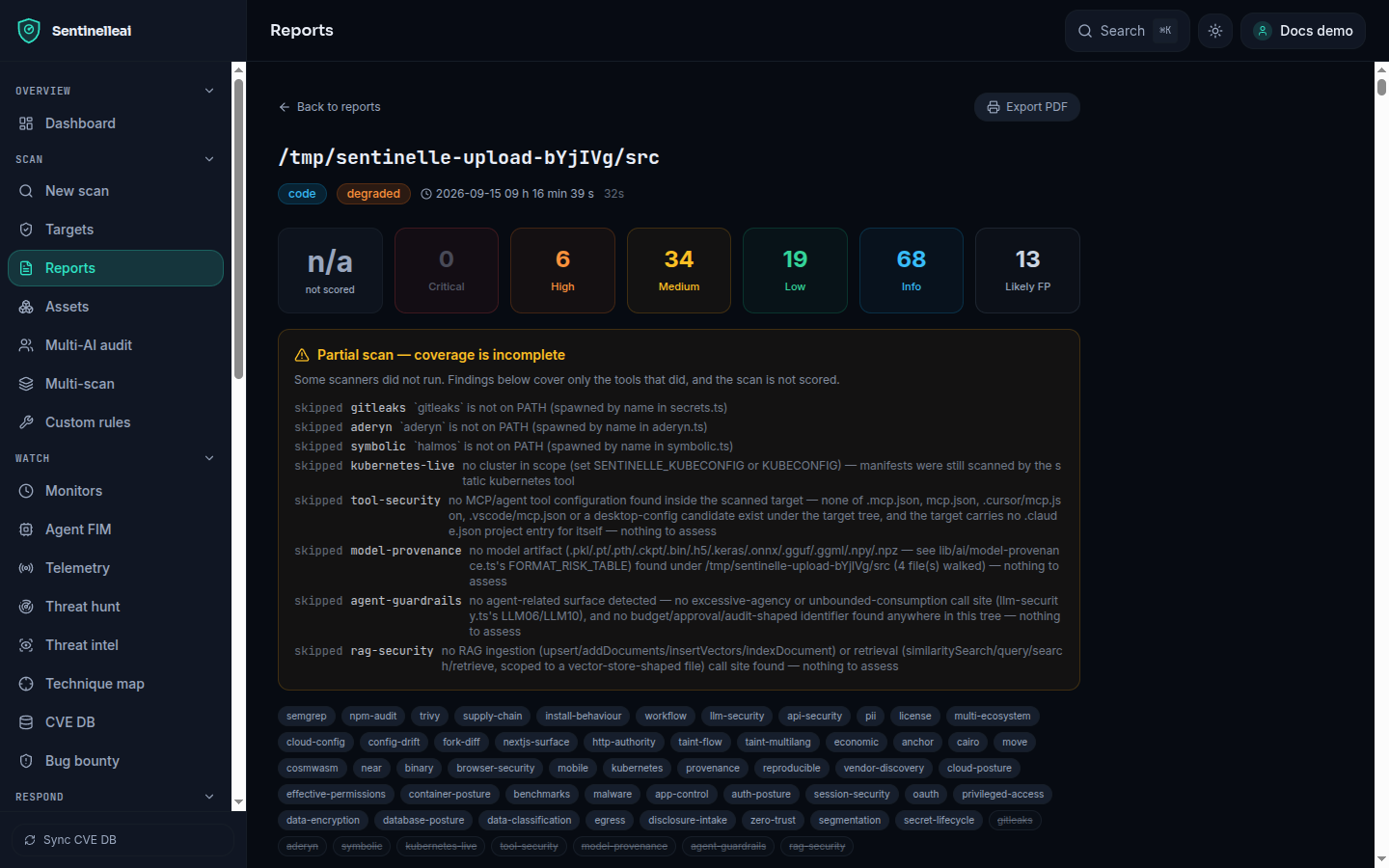 A finding's action panel, showing accept-risk and suppress with a required reason