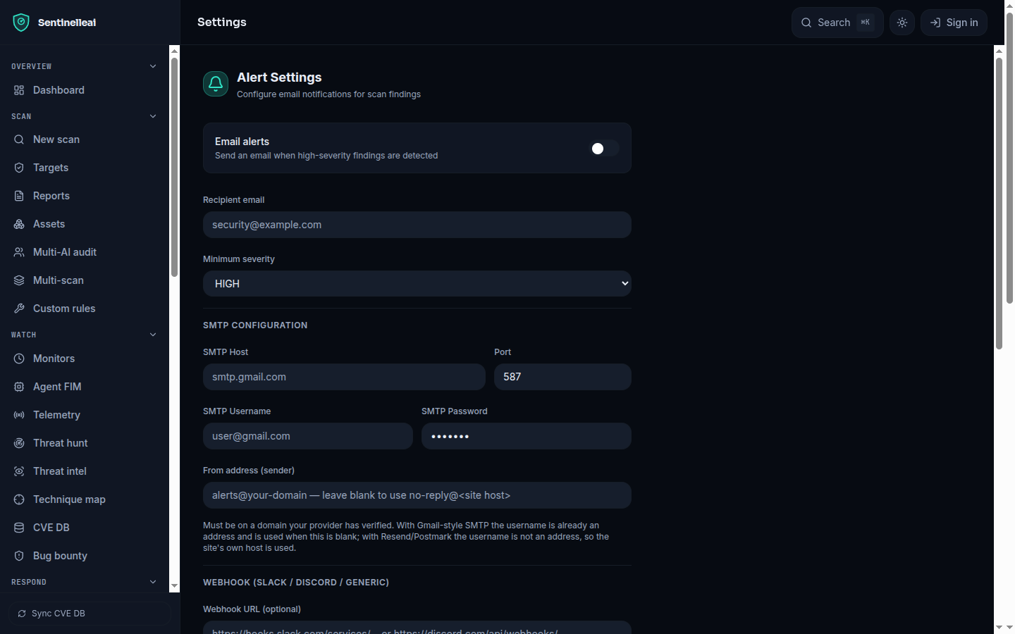 Alert settings showing a masked webhook URL and a placeholder password field