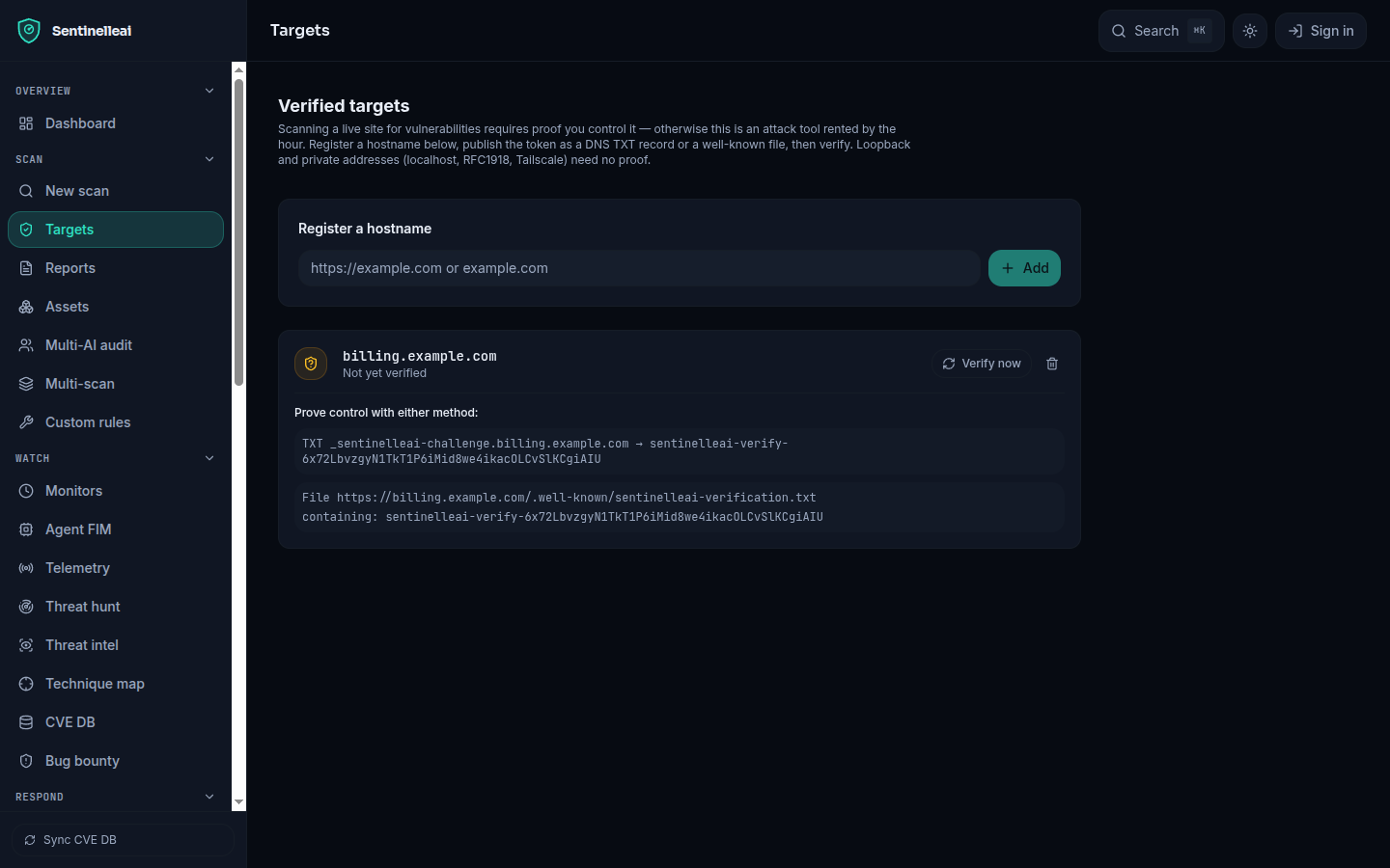 The verified targets page listing hostnames and their verification status